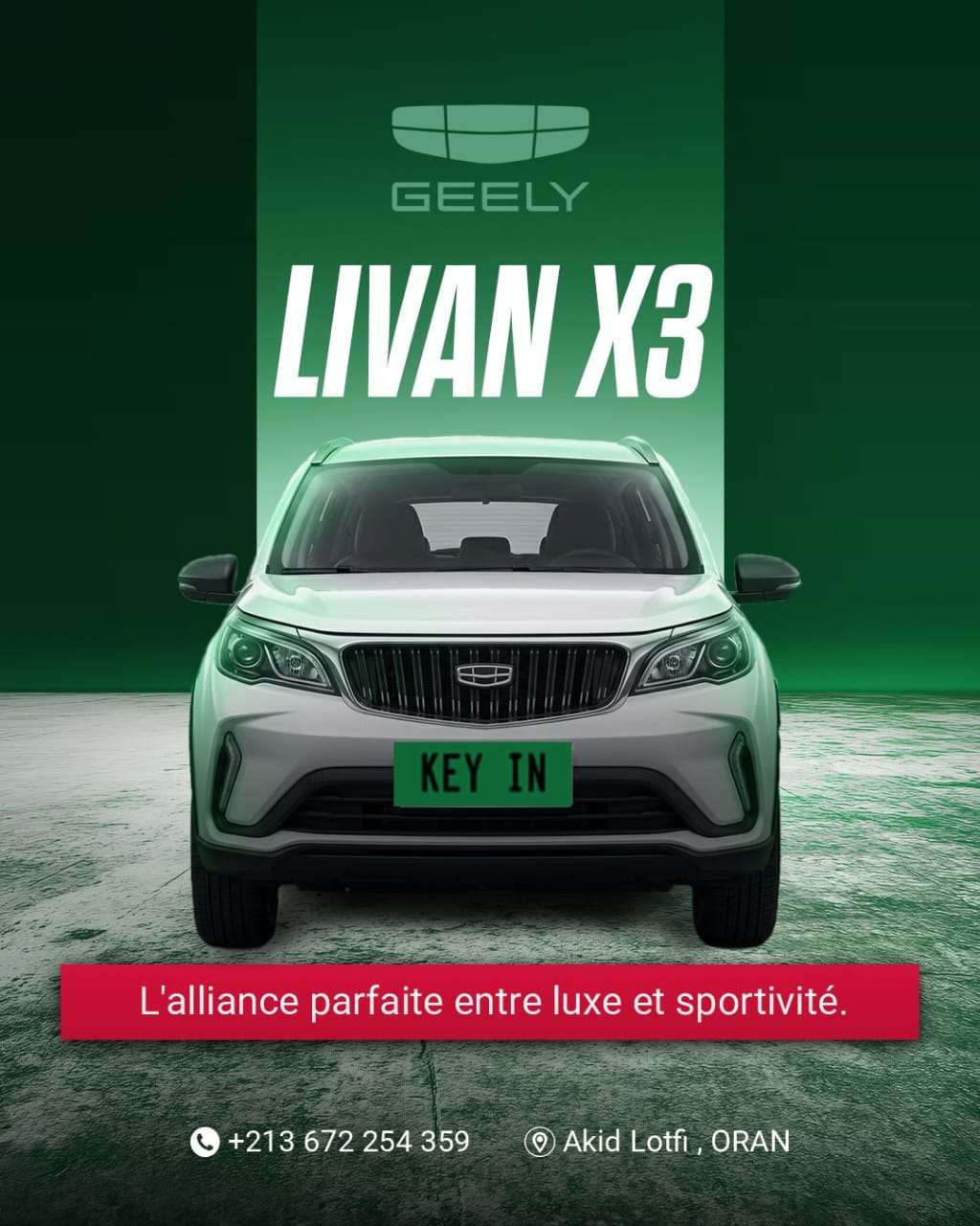 Location voiture Oran Geely Livan X3 SUV automatique climatisé aéroport Ahmed Ben Bella livraison Algérie Keyin-DZ conciergerie location véhicule famille diaspora